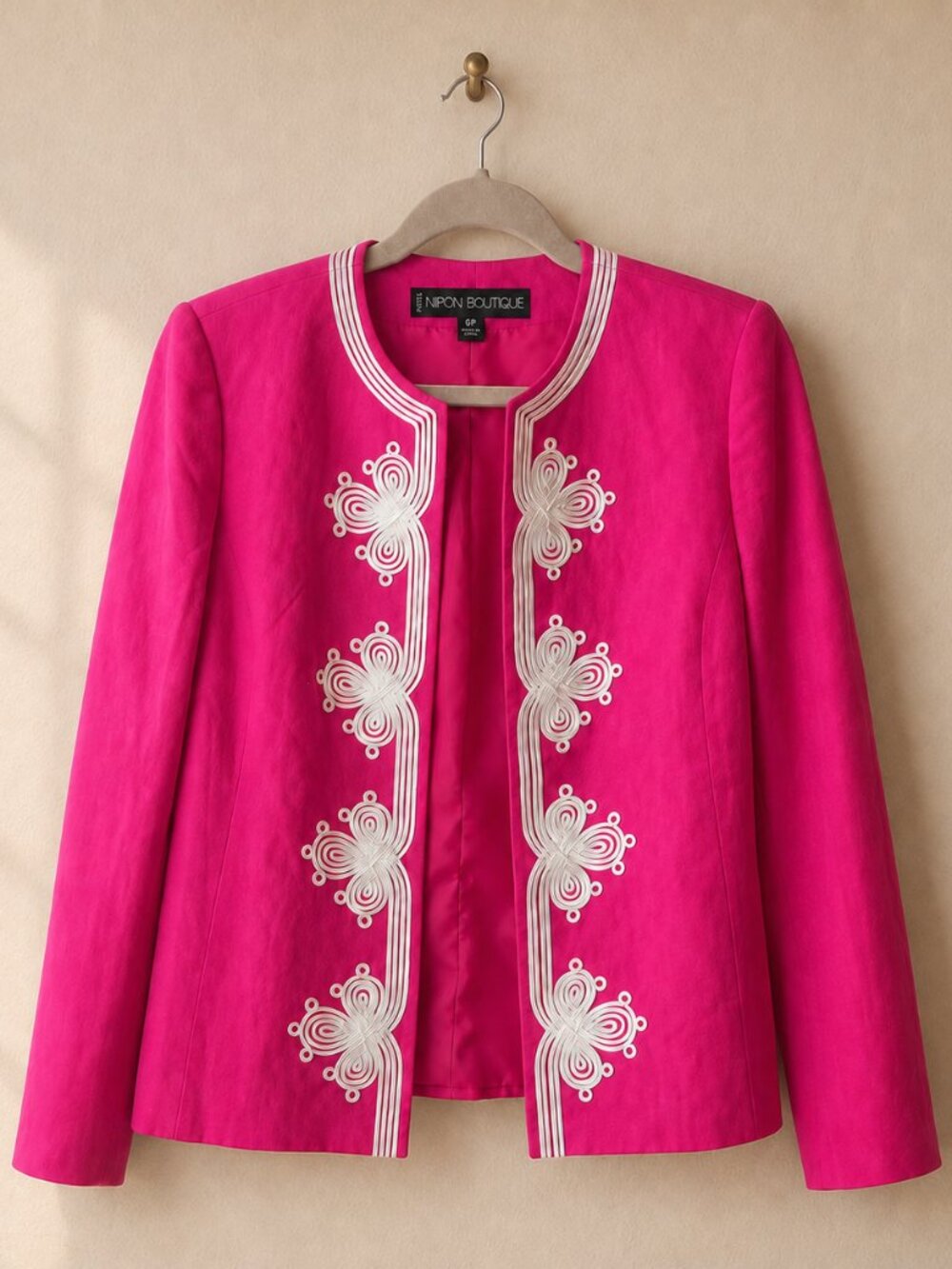VTG Nipon Boutique Hot Pink Linen Blend Soutache Braid Open Front Jacket 6P